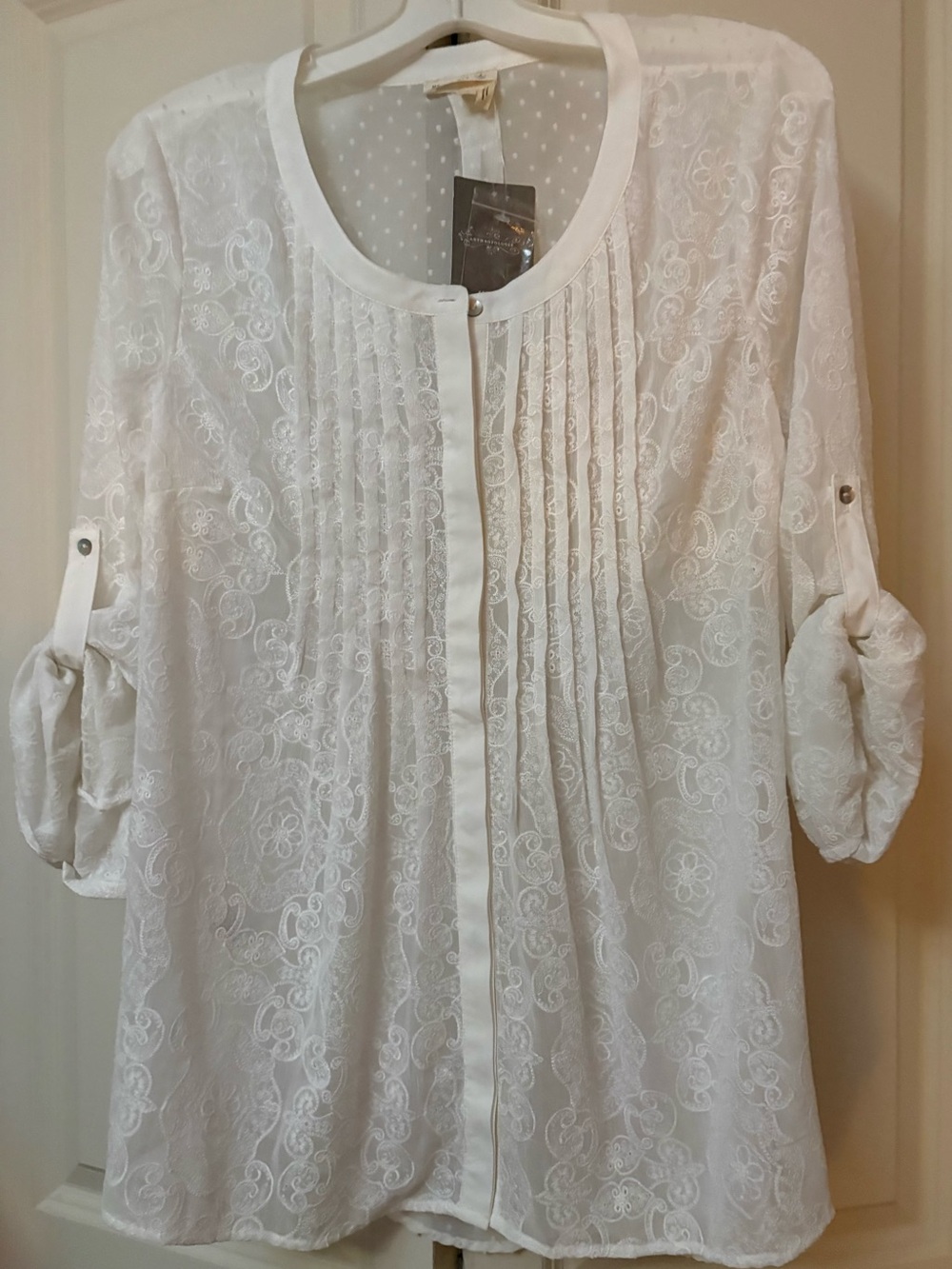 Meadow Rue, Anthropologie White Lace Pintuck Button-Front Women's Top